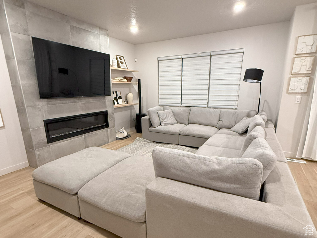 Living room featuring wood finished floors and a fireplace