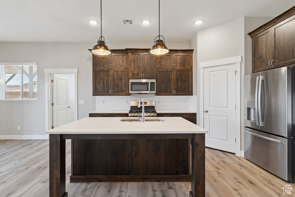 Kitchen featuring stainless steel appliances, dark brown cabinetry, light wood-style flooring, and recessed lighting