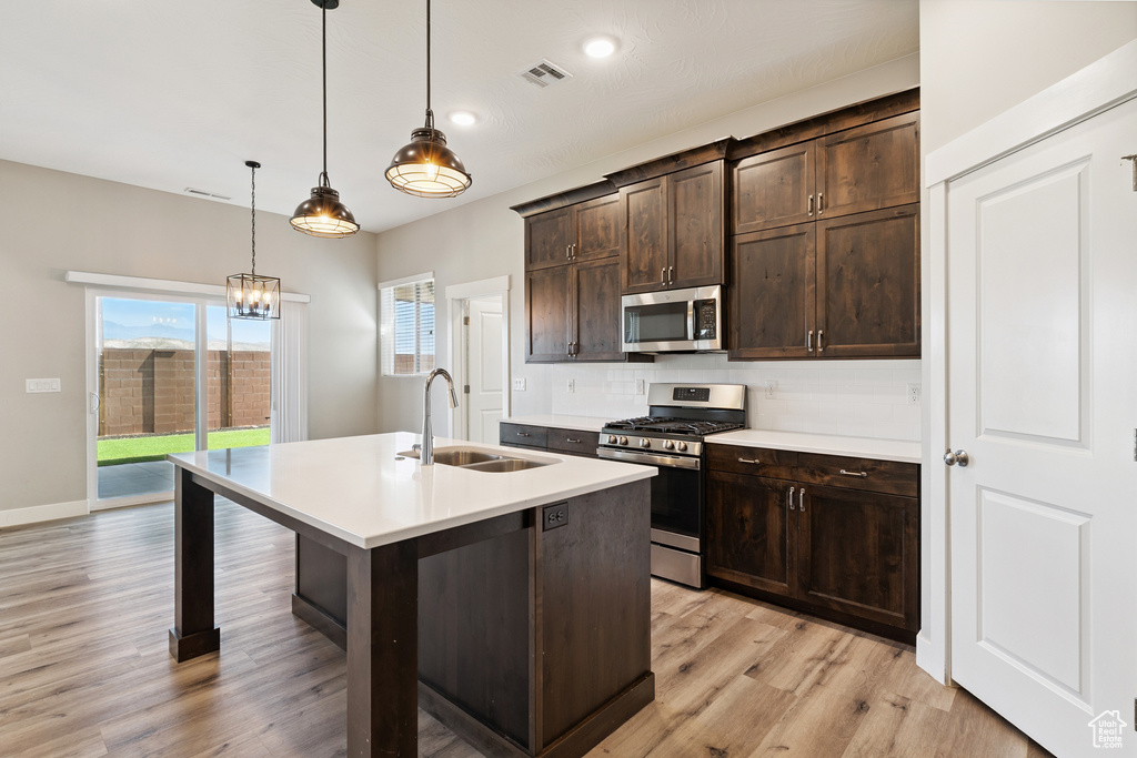 Kitchen featuring appliances with stainless steel finishes, light countertops, light wood-type flooring, an island with sink, and dark brown cabinetry