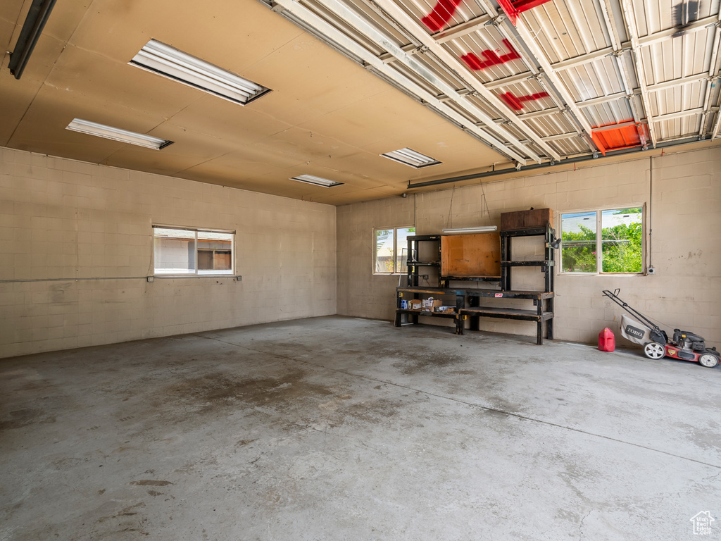 Garage with concrete block wall