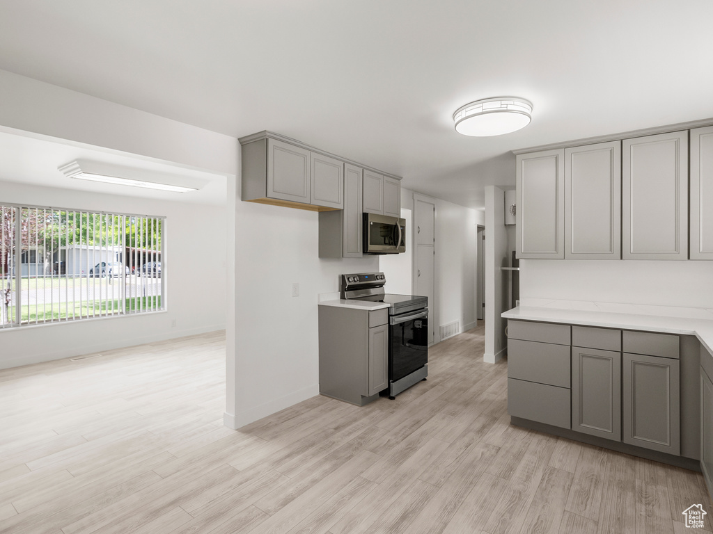 Kitchen featuring gray cabinets, stainless steel appliances, light wood-type flooring, and light countertops