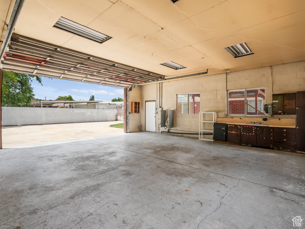 Garage with concrete block wall