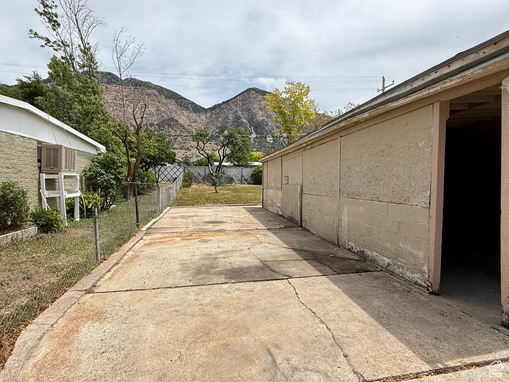 View of patio featuring a mountain view