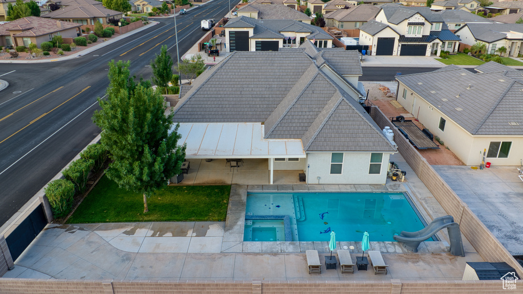 Aerial view of residential area with a pool