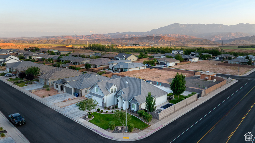 Aerial perspective of suburban area with mountains