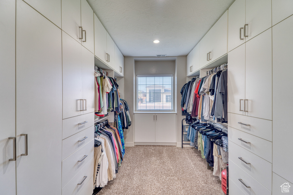 Walk in closet with light colored carpet