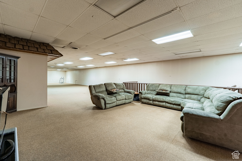 Living room featuring carpet floors and a drop ceiling