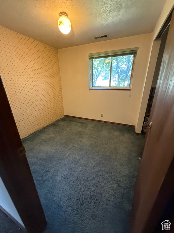 Spare room featuring dark carpet, a textured ceiling, and an accent wall
