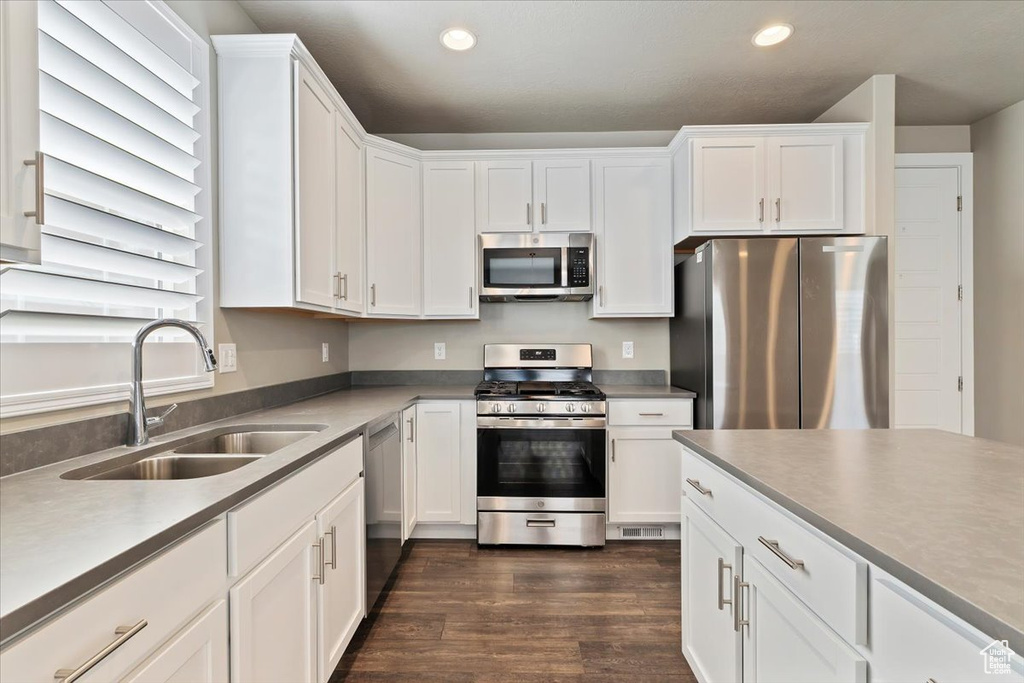 Kitchen featuring appliances with stainless steel finishes, recessed lighting, white cabinets, and dark wood-style flooring