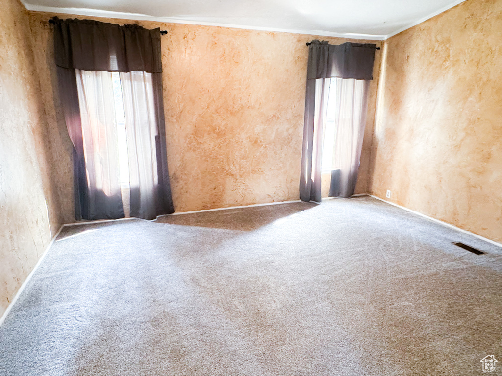 Empty room with plenty of natural light, carpet flooring, and crown molding