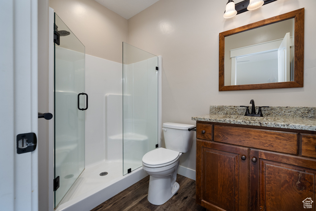 Bathroom with wood finished floors, a shower stall, and vanity