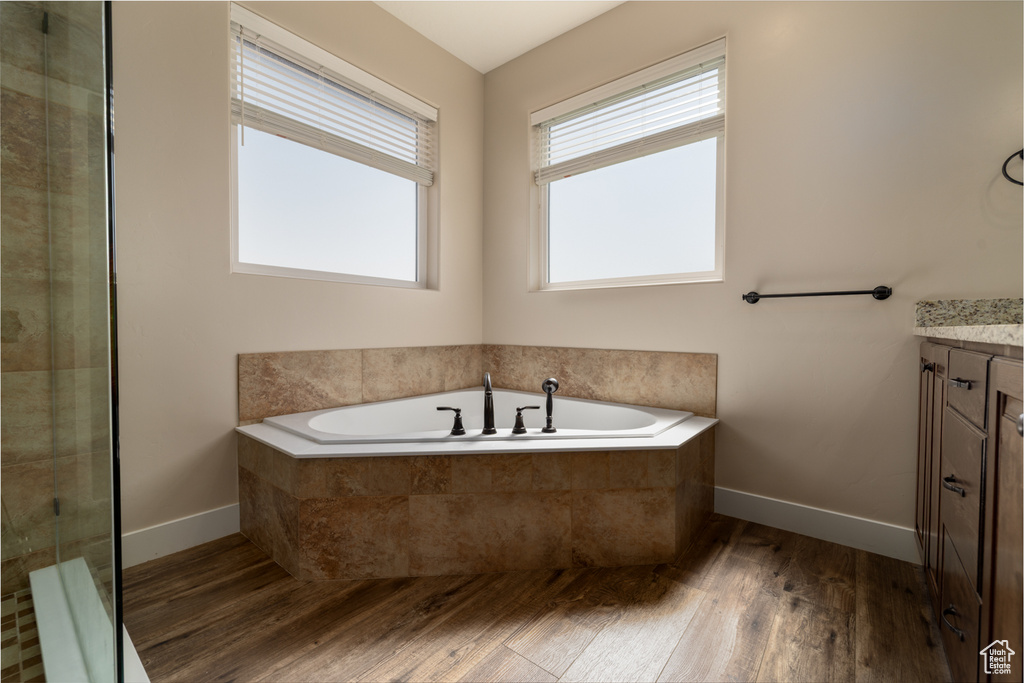 Bathroom with wood finished floors, vanity, a garden tub, and a tile shower