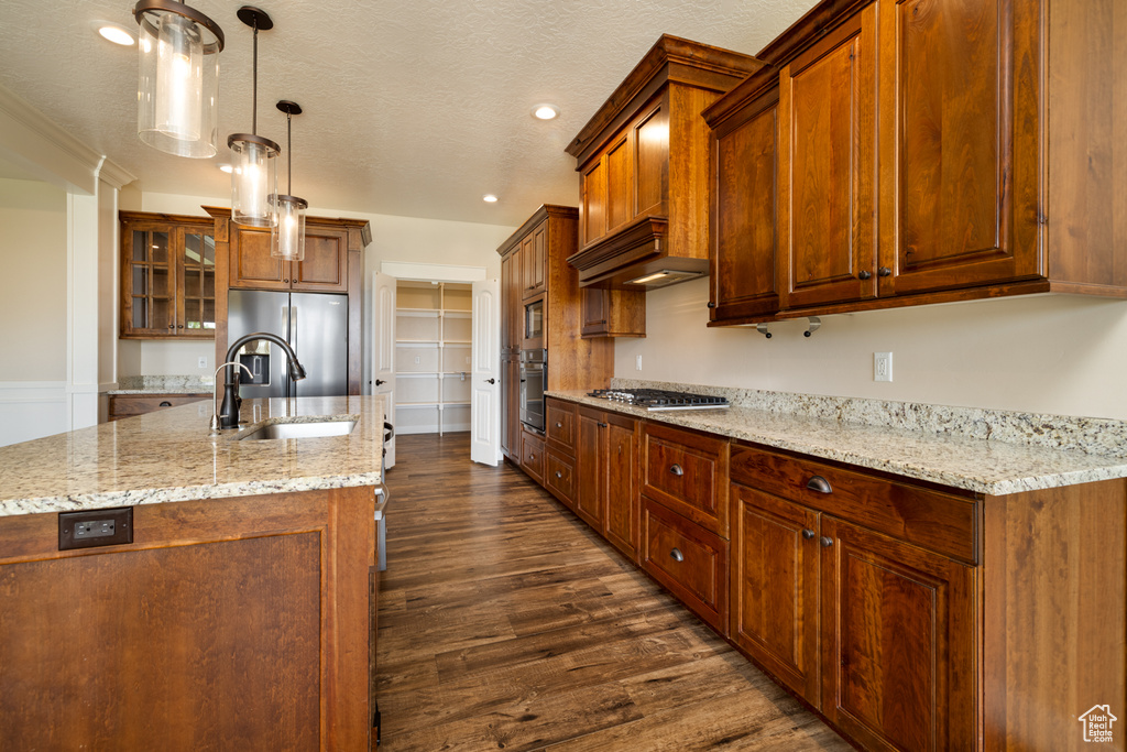 Kitchen featuring appliances with stainless steel finishes, dark wood finished floors, extractor fan, an island with sink, and glass insert cabinets