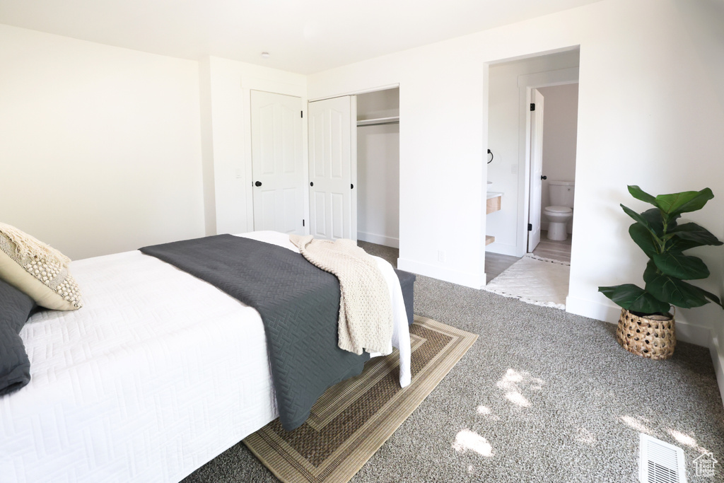 Bedroom with a closet, carpet, and ensuite bathroom