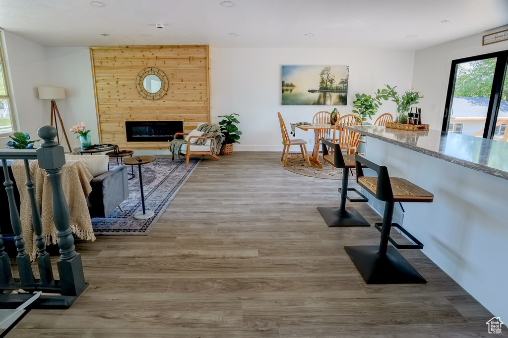 Living room featuring a large fireplace and wood finished floors