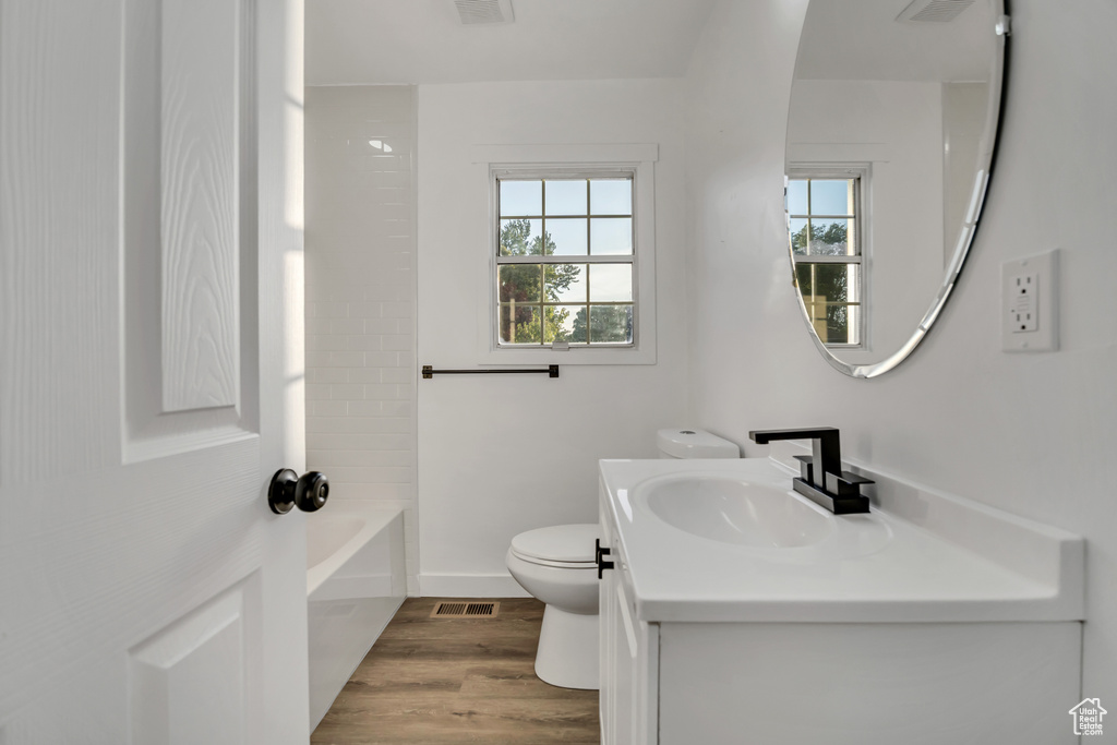 Full bathroom featuring vanity, healthy amount of natural light, and wood finished floors