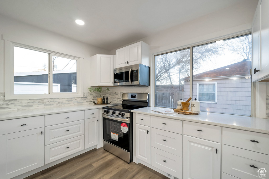 Kitchen featuring stainless steel appliances, backsplash, white cabinetry, wood finished floors, and recessed lighting