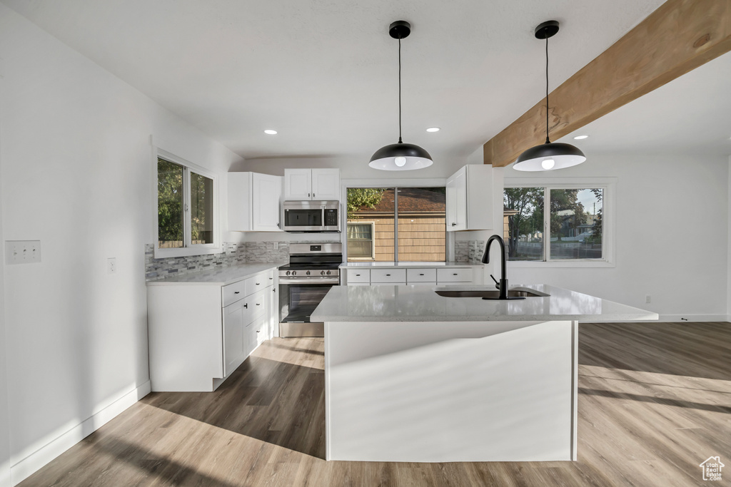 Kitchen with stainless steel appliances, decorative backsplash, healthy amount of natural light, wood finished floors, and recessed lighting