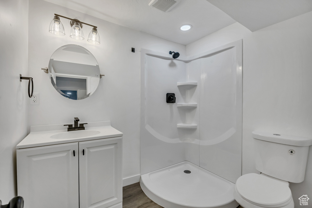 Bathroom featuring vanity, a shower, and wood finished floors