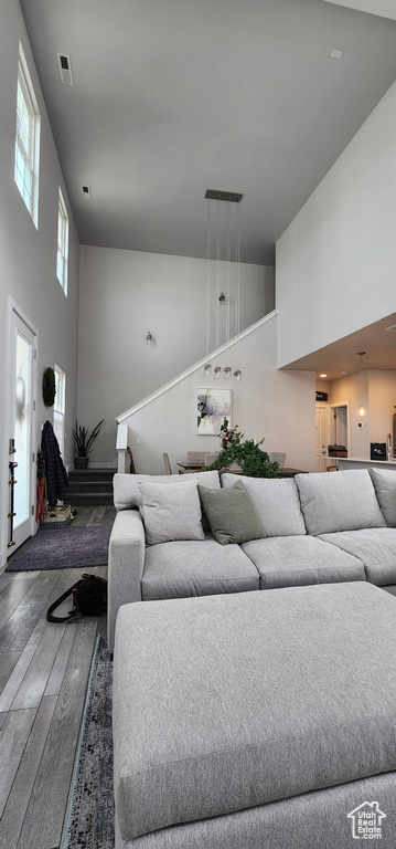 Living room featuring a towering ceiling and hardwood / wood-style flooring
