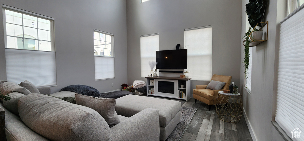 Living area featuring wood finished floors and a high ceiling