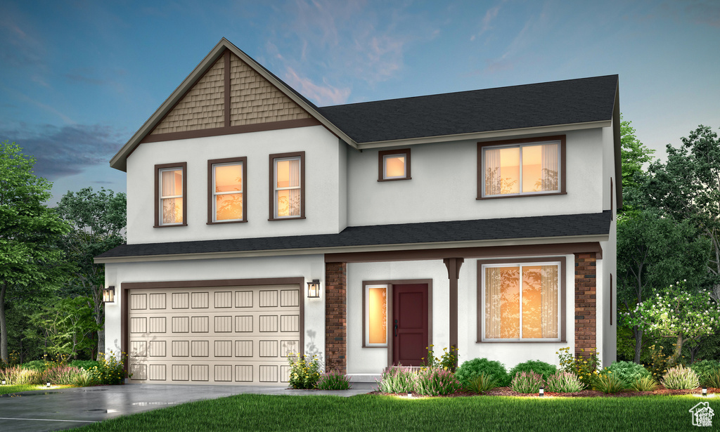 View of front of home with a garage, stucco siding, concrete driveway, and roof with shingles