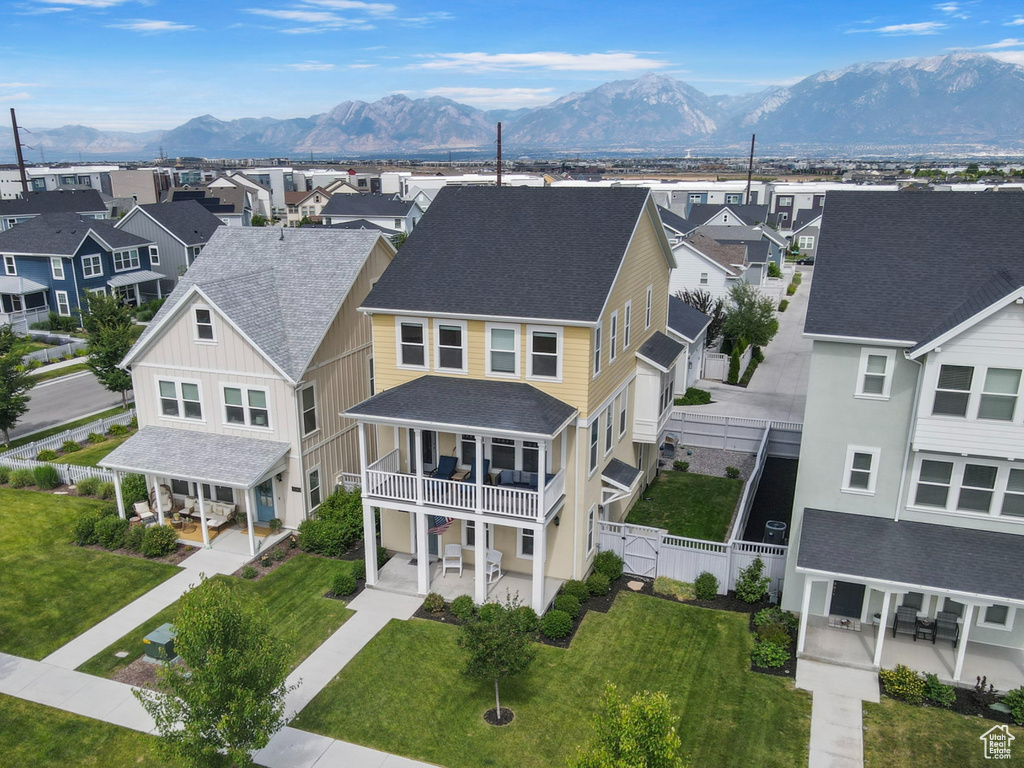 Aerial view of residential area with mountains