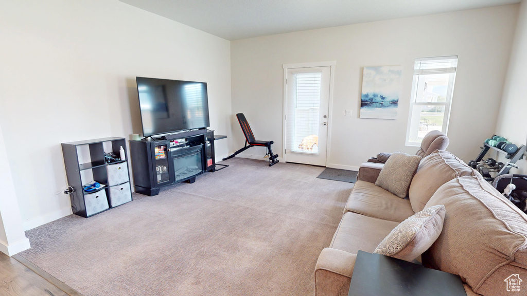 Living room with plenty of natural light and light carpet