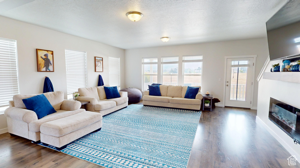 Living area with wood finished floors and a glass covered fireplace