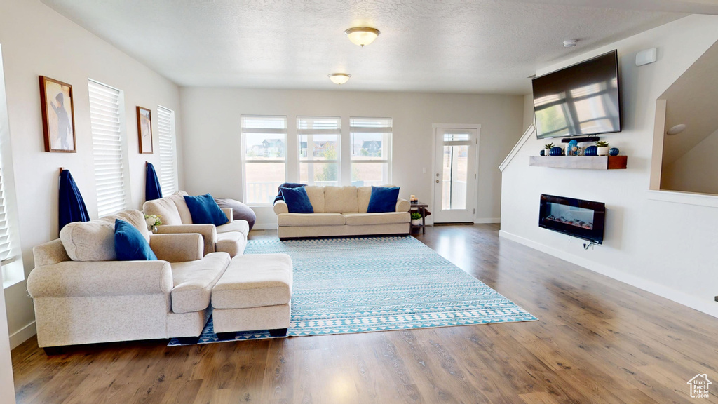 Living area featuring a glass covered fireplace and wood finished floors
