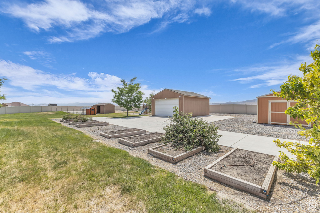 Fenced backyard with a storage unit, a garden, and a garage