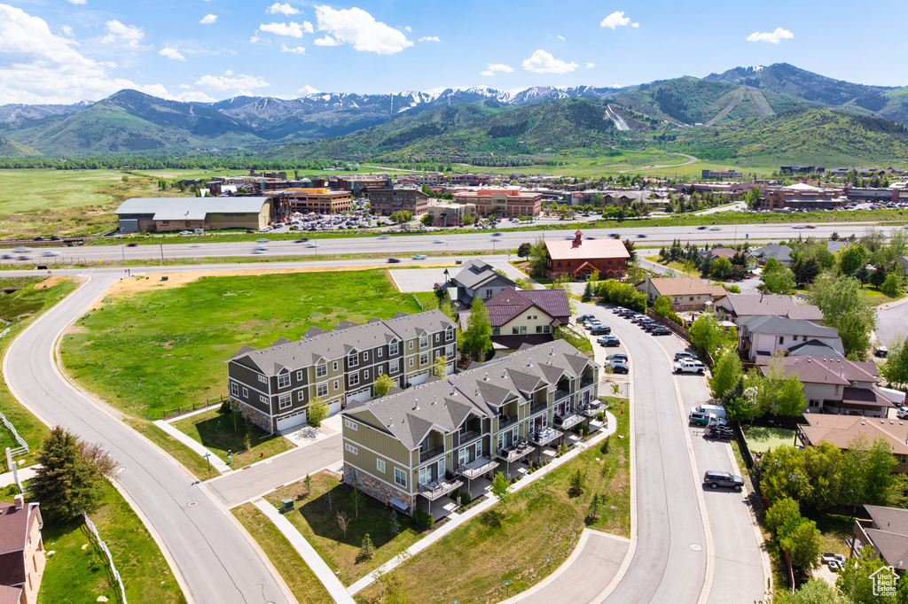 Bird's eye view of a mountainous background