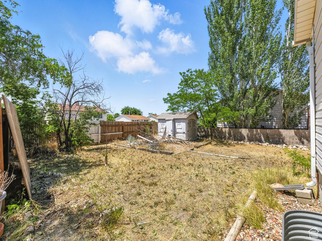 Fenced backyard with a storage unit