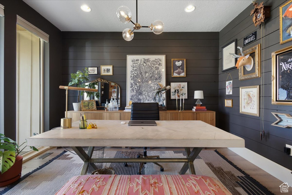 Home office featuring a chandelier and recessed lighting