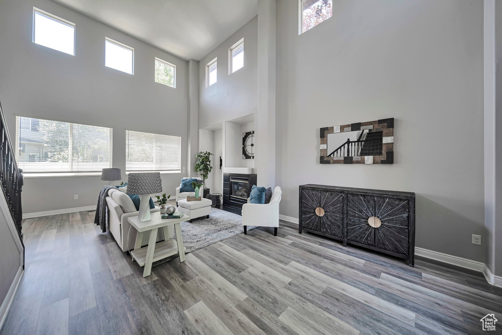 Living area featuring wood finished floors, a glass covered fireplace, and a high ceiling