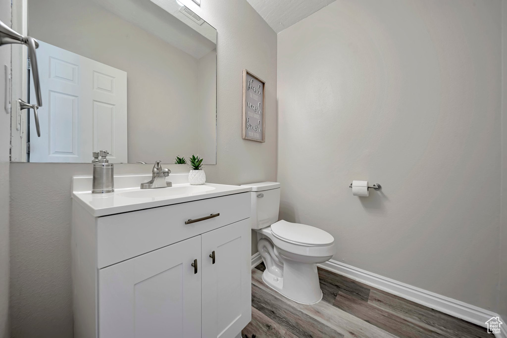 Bathroom with wood finished floors and vanity