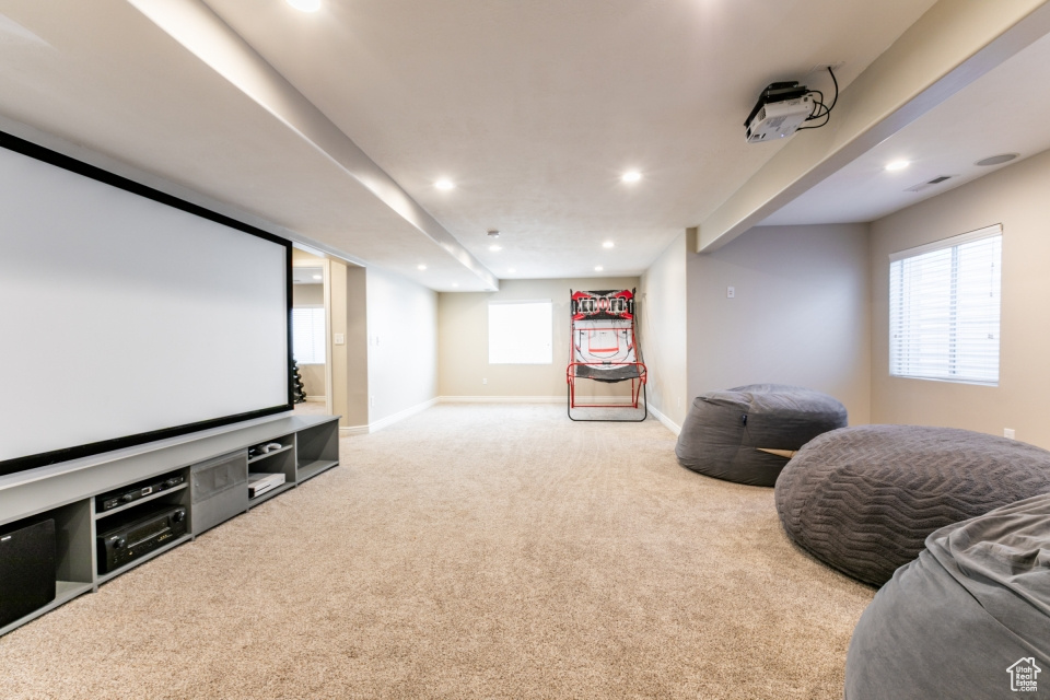 Carpeted cinema featuring recessed lighting and baseboards