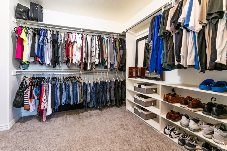 Walk in closet with carpet floors