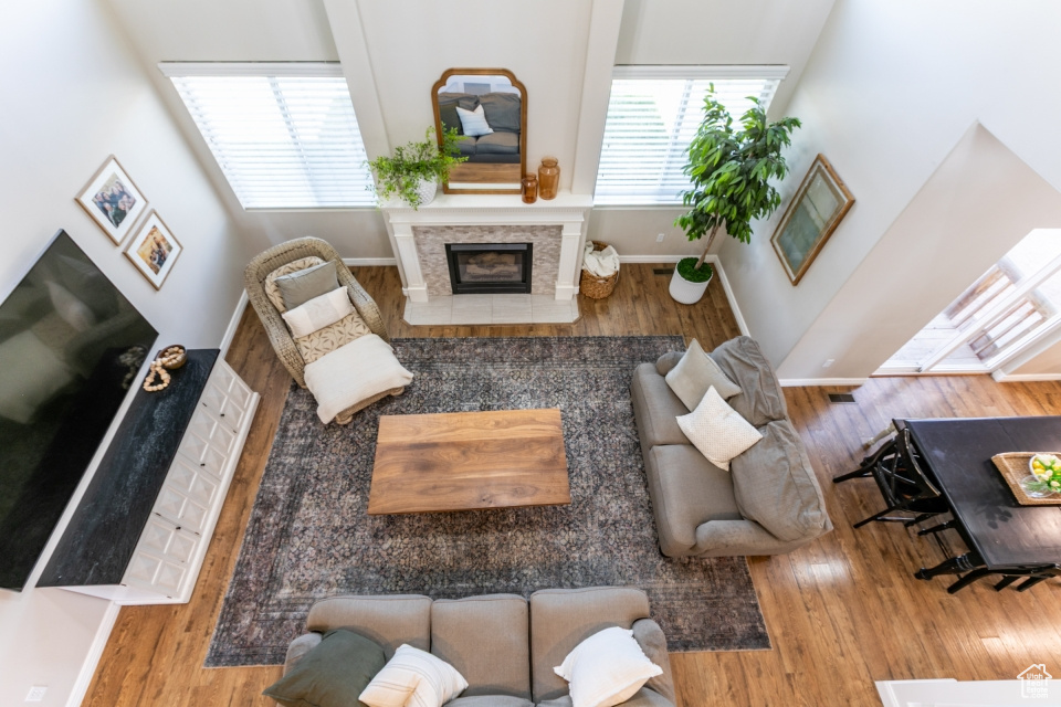 Living area featuring wood finished floors and a fireplace