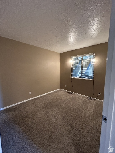 Carpeted empty room with a textured ceiling and baseboards