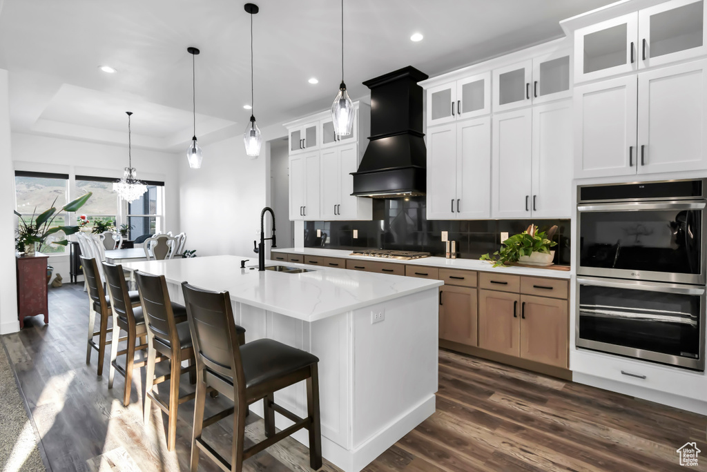 Kitchen featuring appliances with stainless steel finishes, premium range hood, a raised ceiling, tasteful backsplash, and recessed lighting