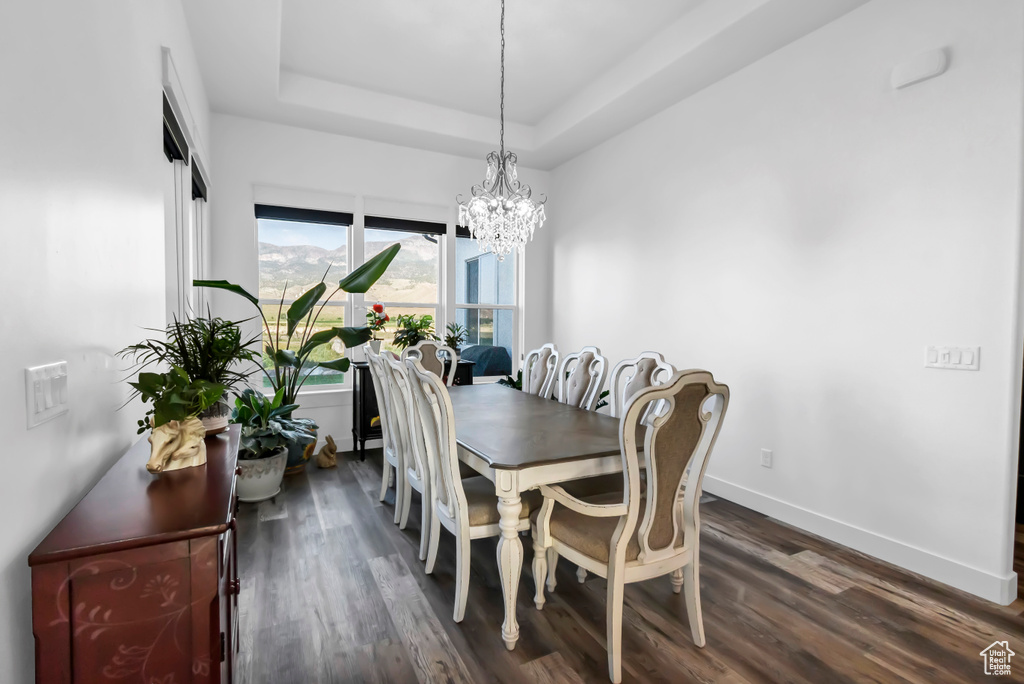 Dining room featuring a tray ceiling, dark wood-style floors, and a chandelier