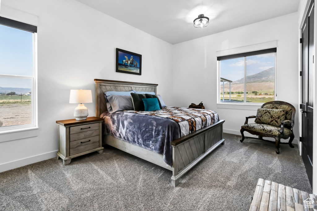 Carpeted bedroom featuring baseboards