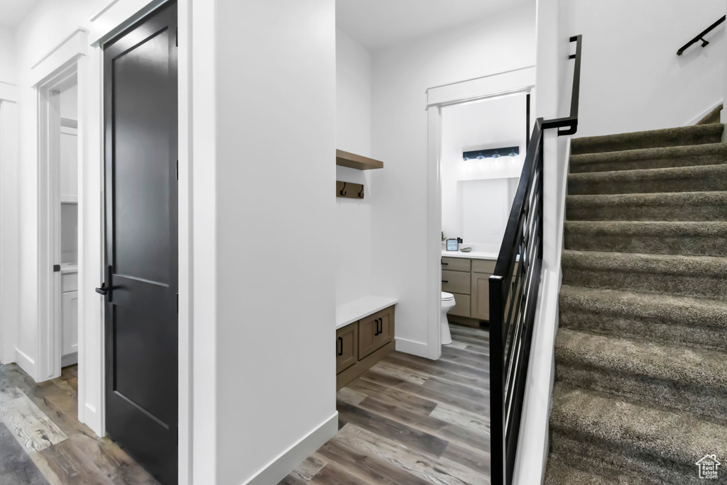 Stairway featuring wood finished floors