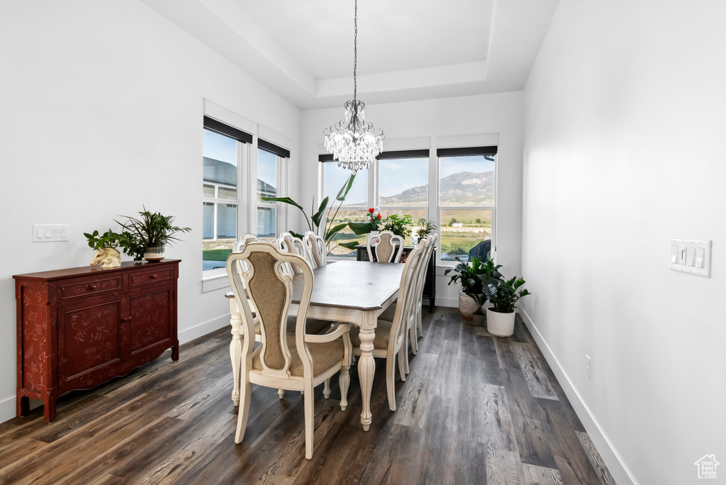 Dining space with a chandelier, plenty of natural light, and dark wood-type flooring