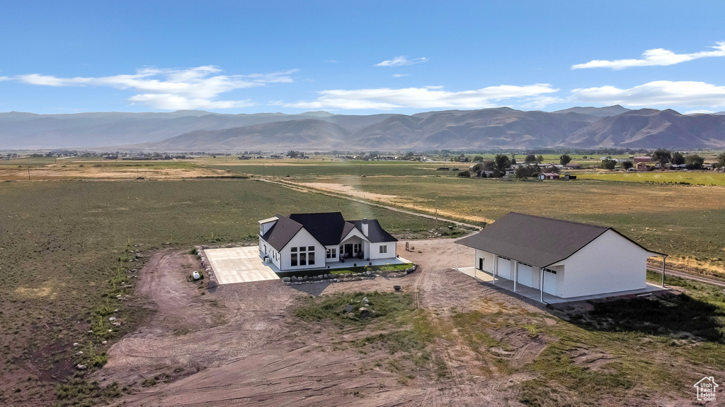 Overview of rural landscape featuring a mountain backdrop