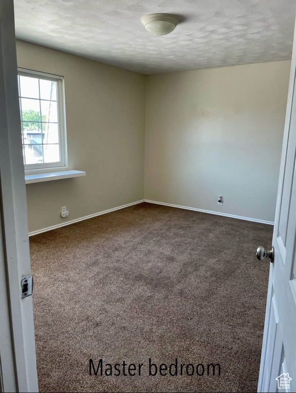 Empty room with carpet floors and a textured ceiling