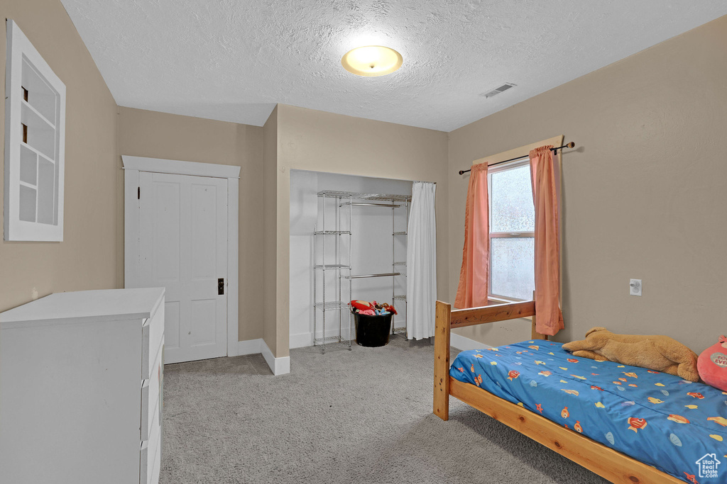 Bedroom featuring light carpet, a textured ceiling, and a closet