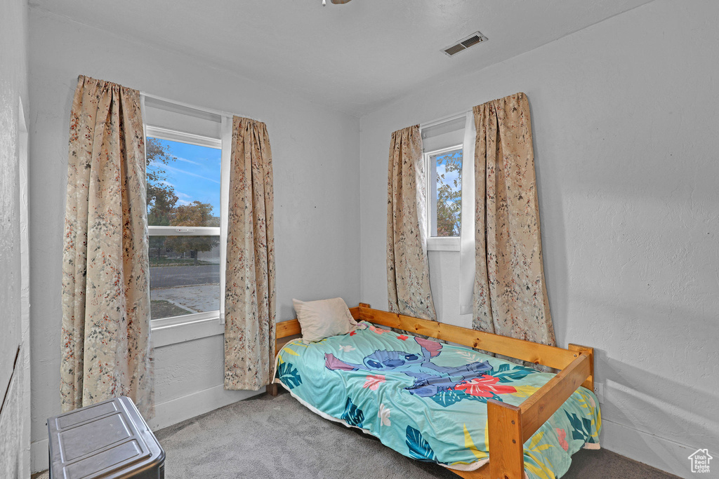 Bedroom with multiple windows and carpet floors
