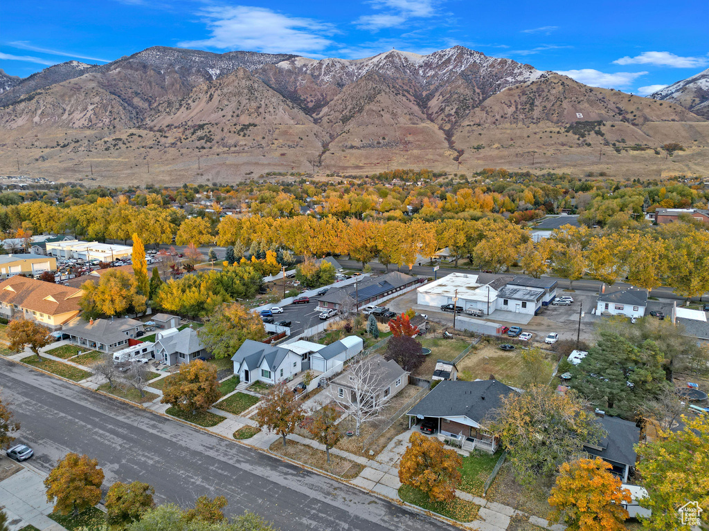 Aerial perspective of suburban area with mountains